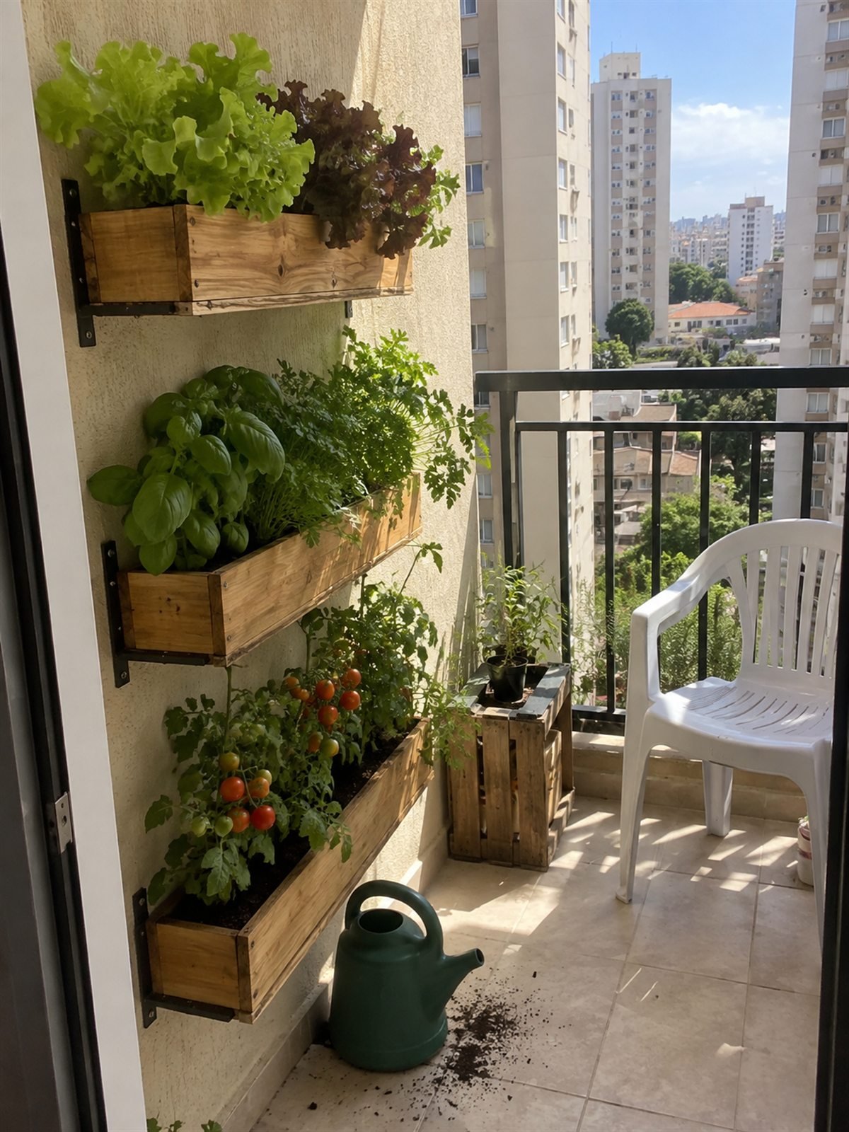Huerto vertical con jardineras de madera en un balcón